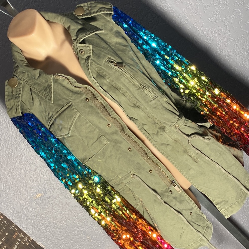 BARNEYS NY - NWT - jacket: olive green w rainbow sequined long sleeves - 42 / 8 - Picture 1 of 16